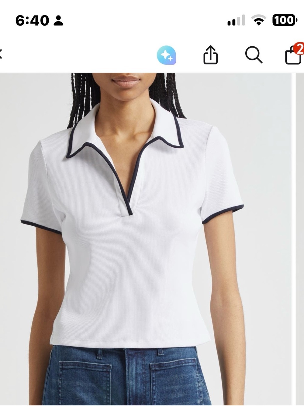 Veronica Beard Kearney White Polo-Style Short Sleeve Top with Black Trim